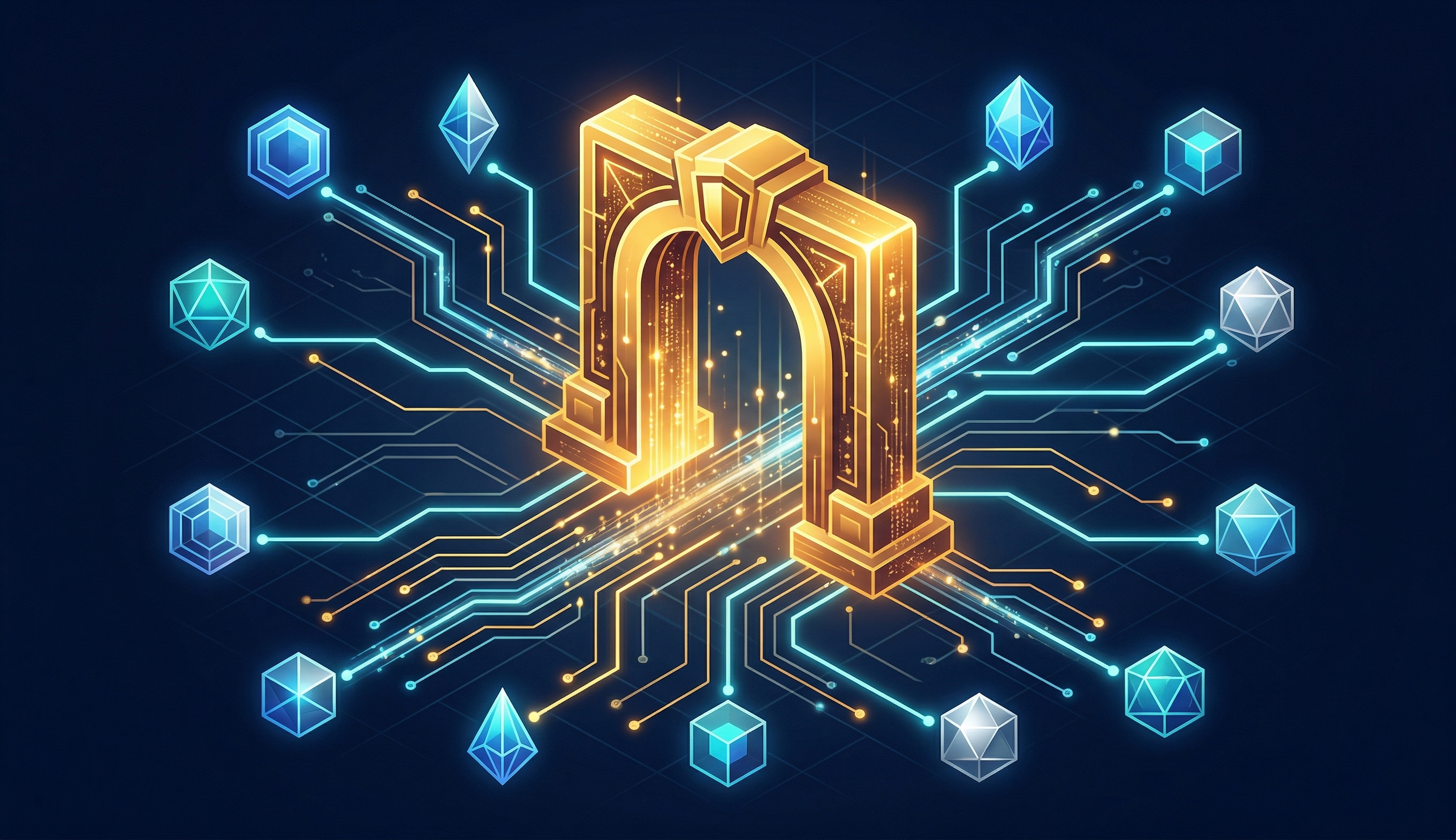 Abstract illustration of a golden gateway routing between multiple AI model providers