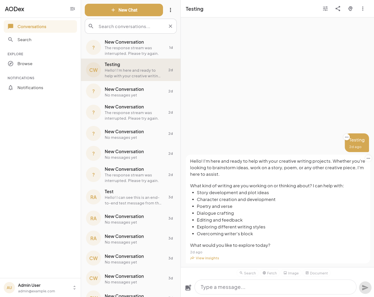 AODex Flutter chat interface showing conversation list and AI response
