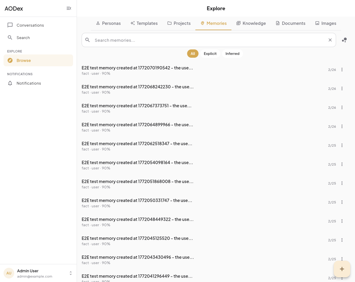 AODex Flutter memories screen showing persistent AI context