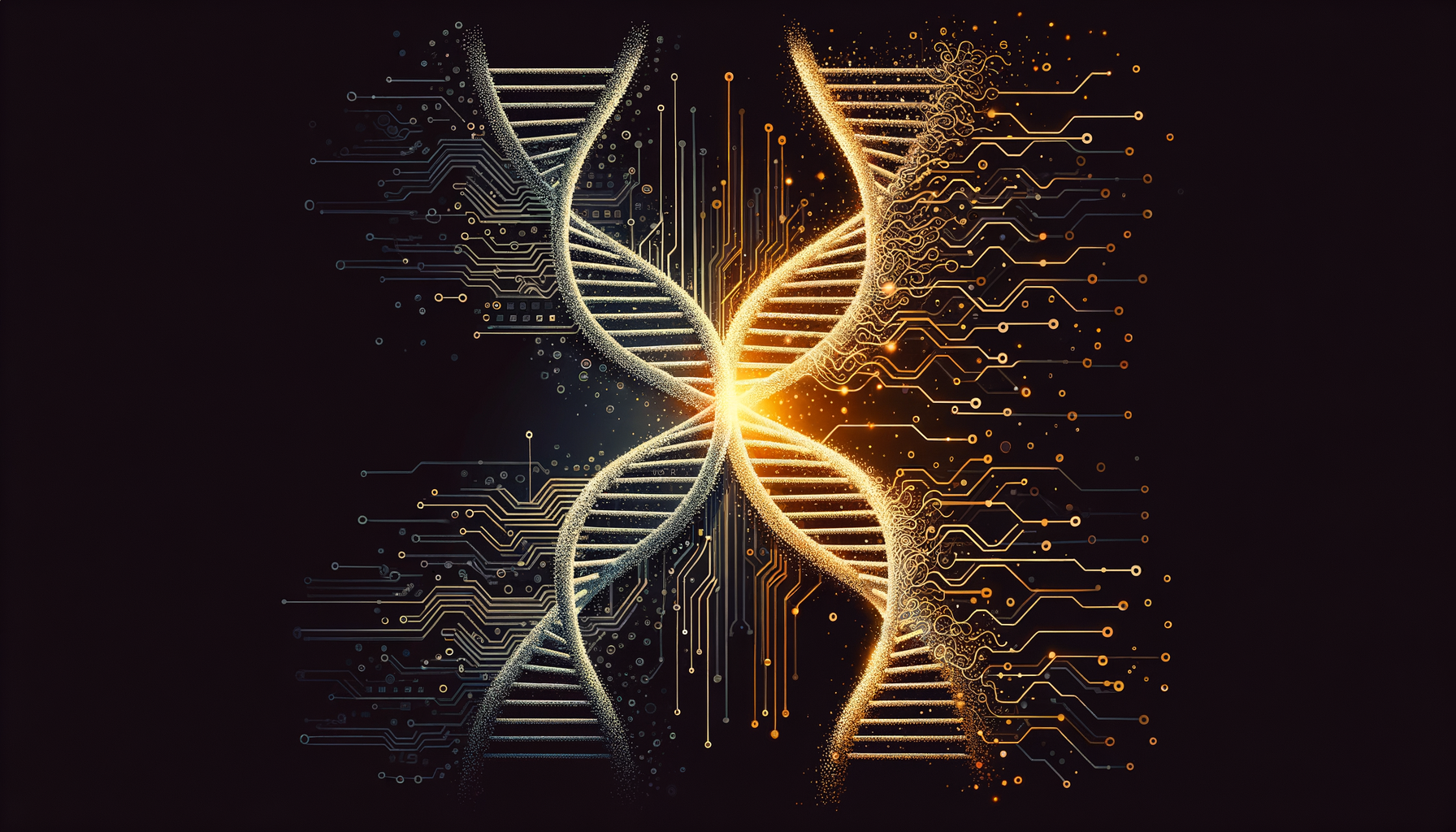 Abstract illustration of intertwined code helixes diverging