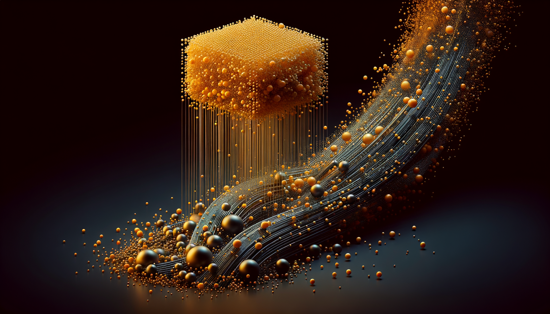 Abstract illustration of golden particles flowing through a pipeline representing goroutines