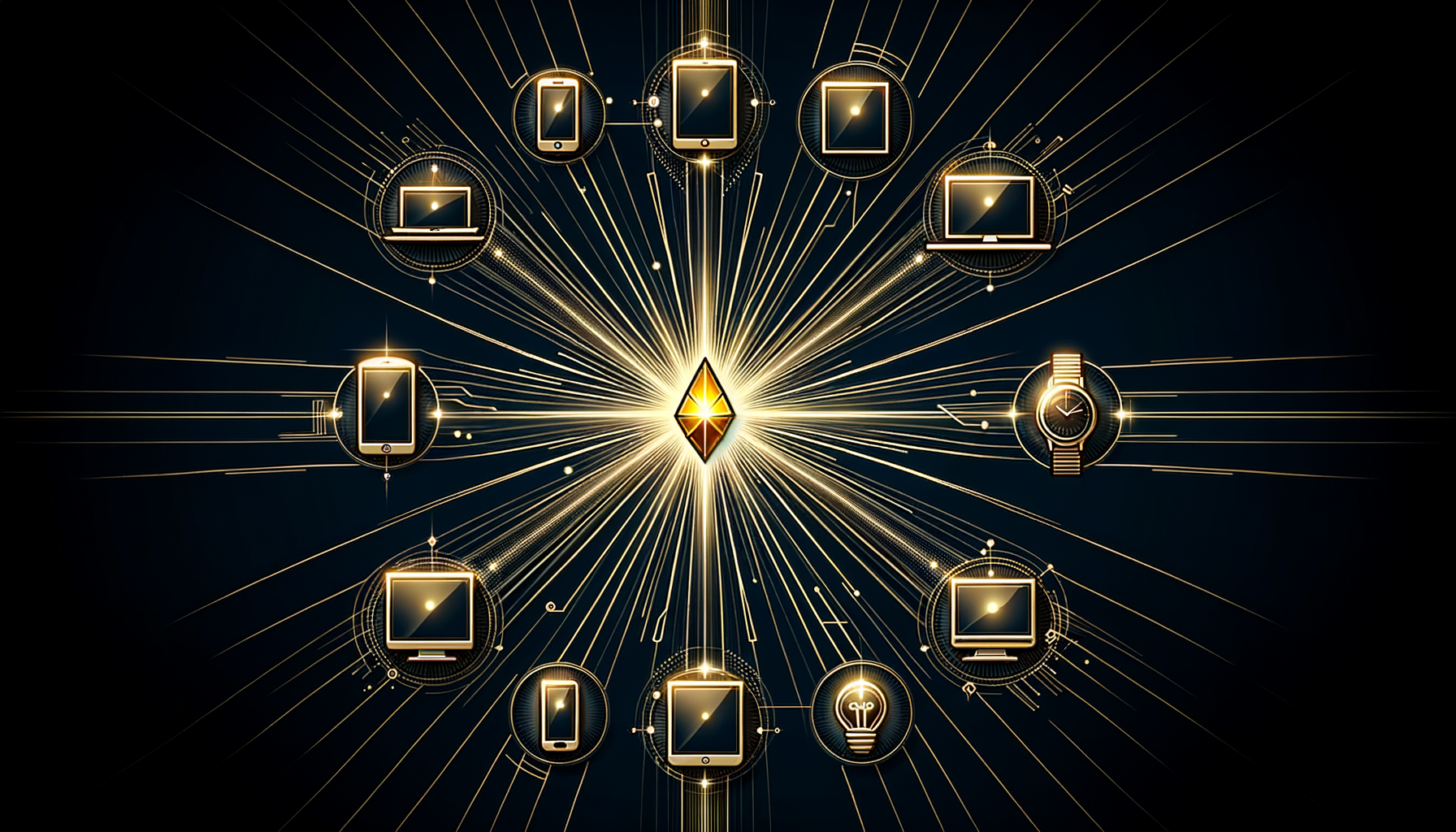 Abstract illustration of a golden prism refracting light to six device platforms