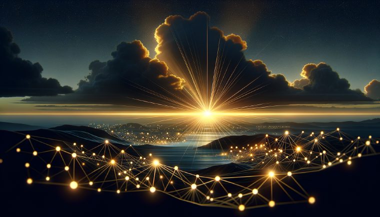 Abstract illustration of a golden dawn over a connected technology ecosystem