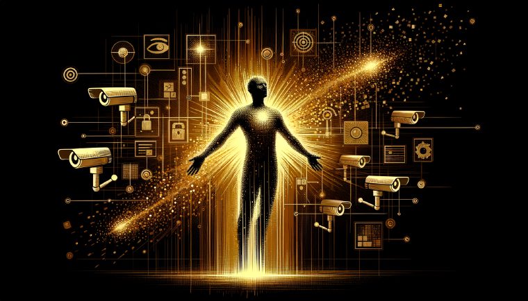 Abstract illustration of a golden figure breaking free from data surveillance
