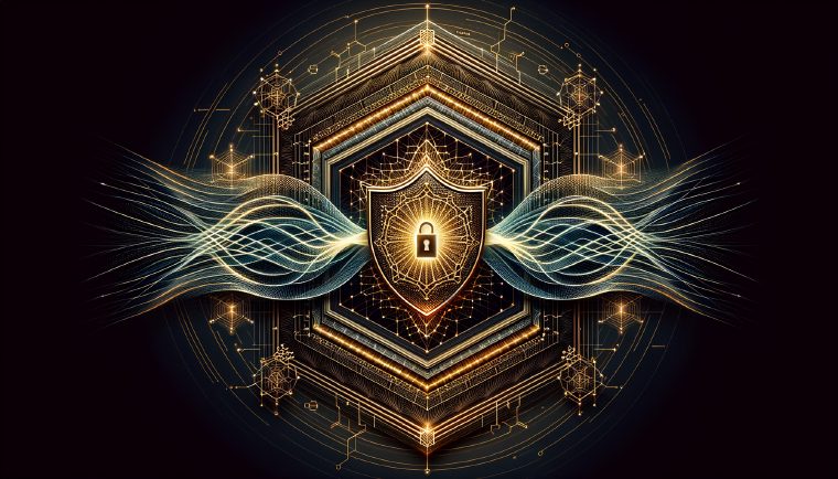 Abstract illustration of a golden quantum shield with lattice cryptography patterns