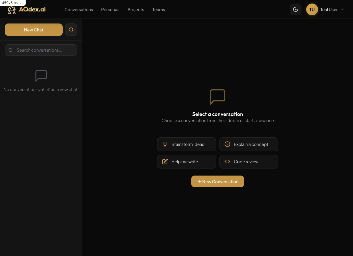 AODex Rails home screen with conversation list and quick actions