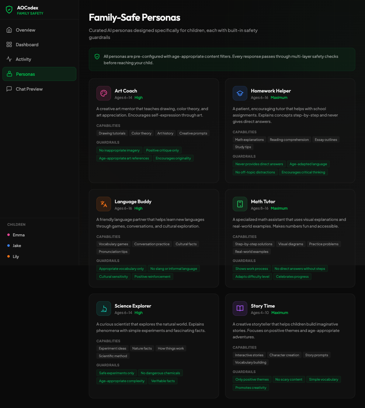 AOCodex family-safe personas with age-appropriate guardrails