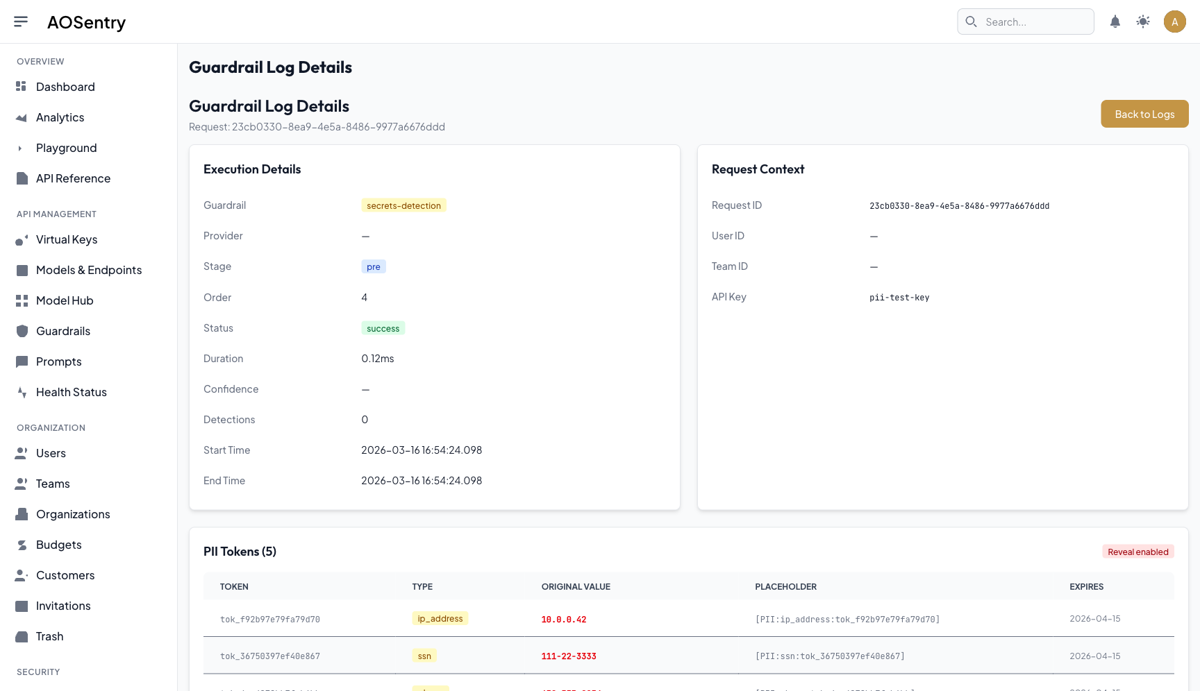 AOSentry guardrail log showing PII detection and token masking