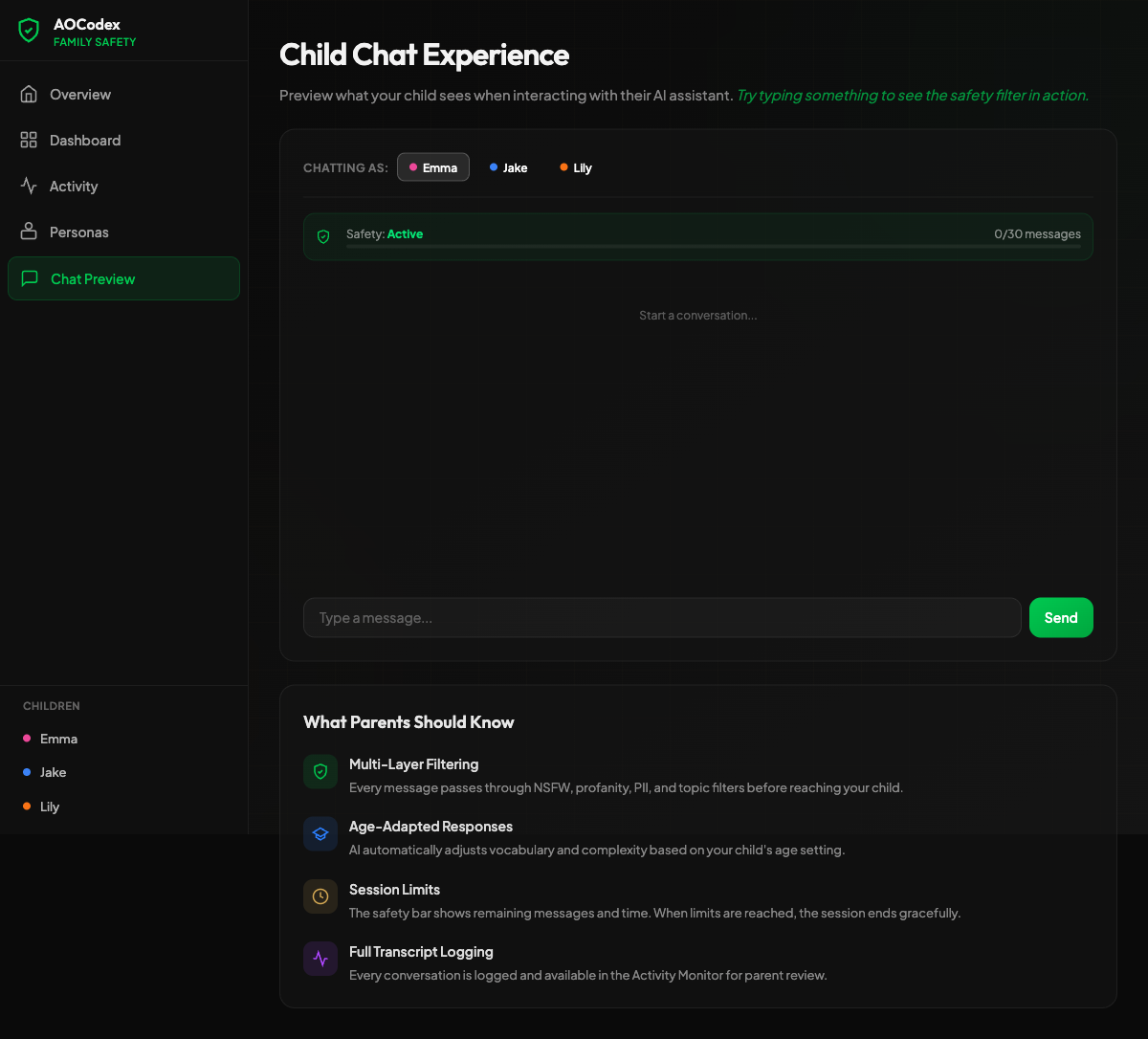 AOCodex family safety chat preview from the Python and Svelte iteration