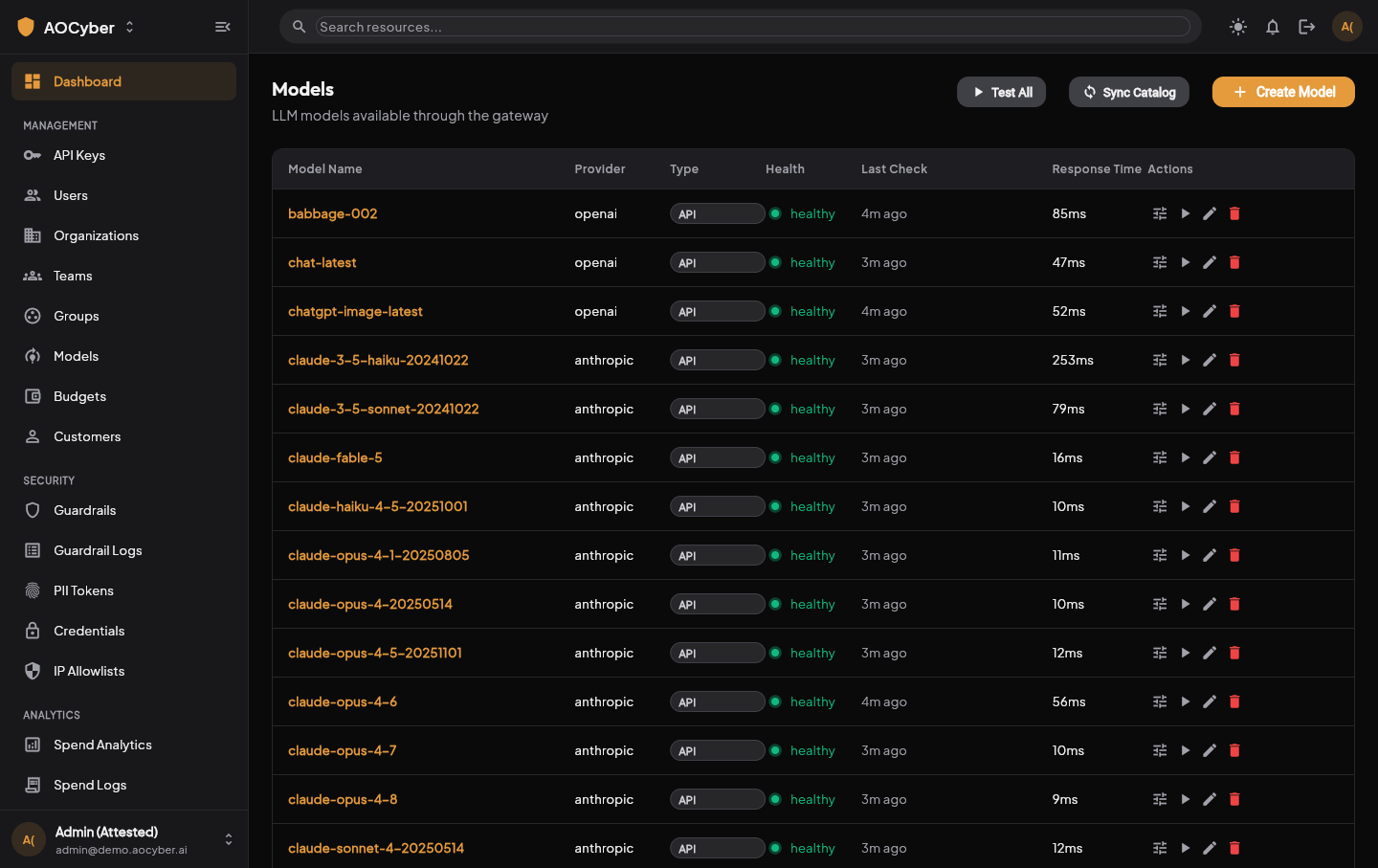 AOCore model catalog listing models from multiple providers with health status and response times