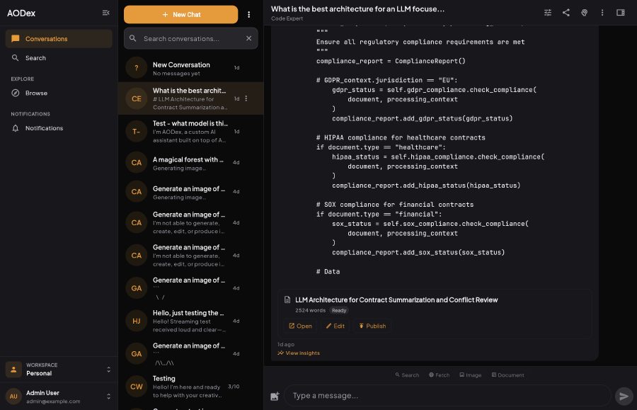 AODex chat interface with code generation and document artifacts