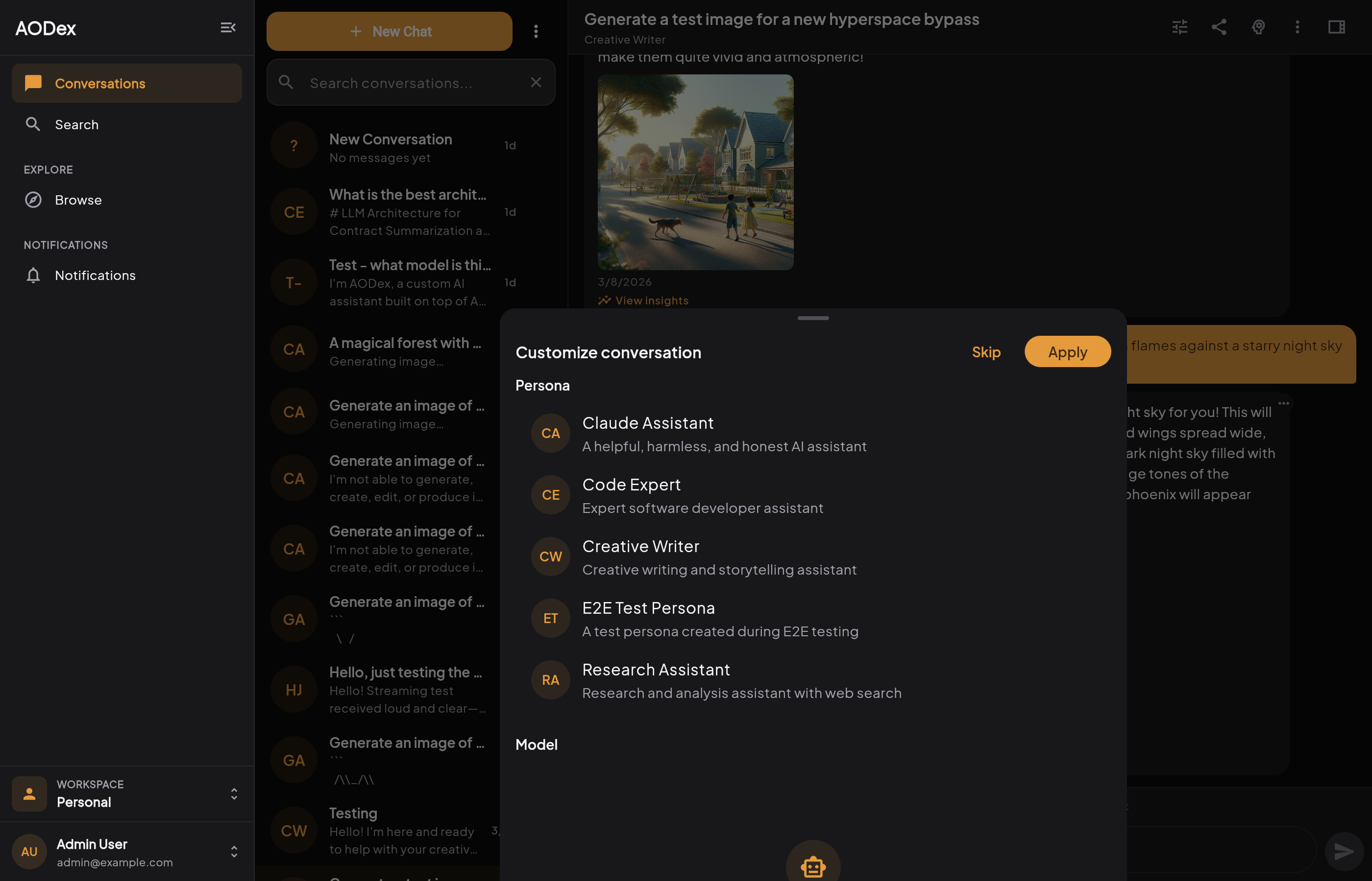 AODex persona selection showing specialized AI assistants