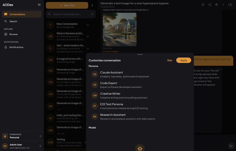 AODex persona selection showing specialized AI assistants