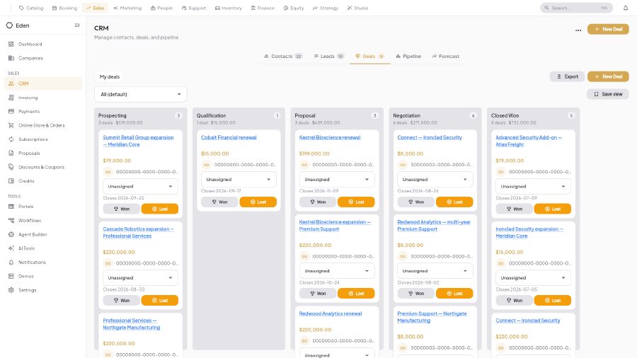 Eden Biz CRM deal pipeline board with deals organized by stage from prospecting through closed-won