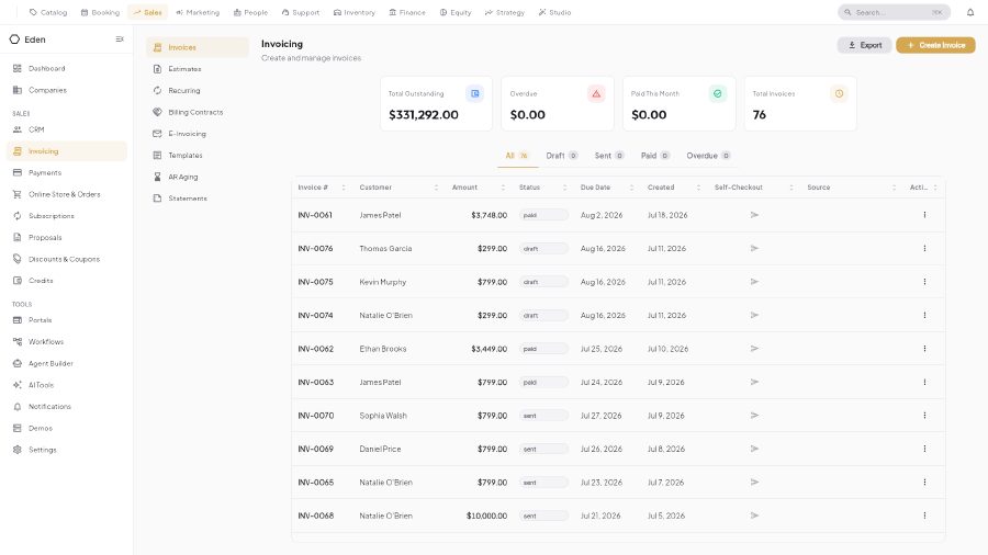 Eden Biz invoicing module listing invoices with statuses, amounts, and outstanding/overdue/paid totals